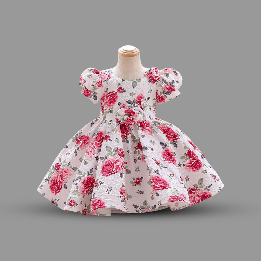 Girls Puff Sleeve Floral Printed Party Wear Dress Party Dresses White 2-3 Y 