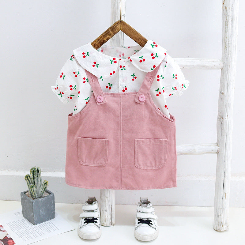 Girls Cherry Print Top with Dungaree Dress Set Sets Pink 1-2 Y 