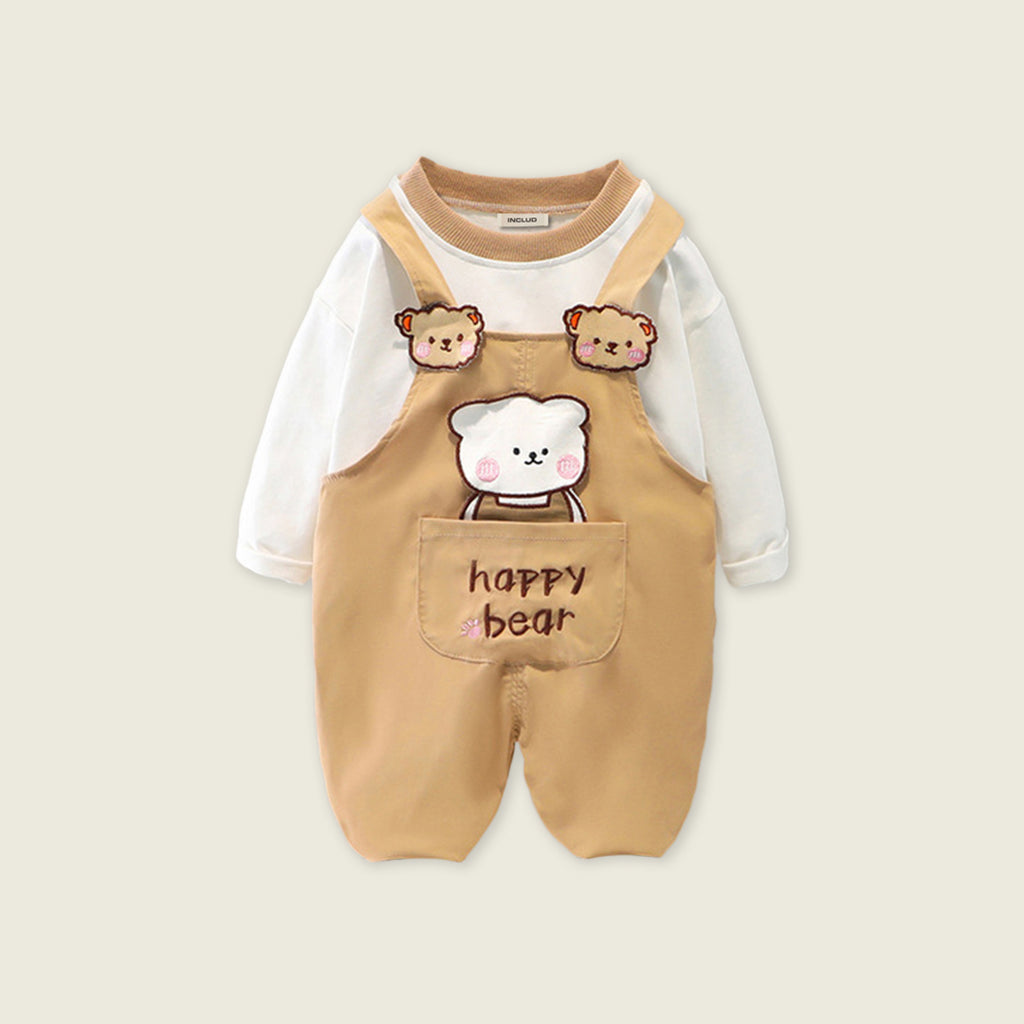 Boys Long Sleeve T-Shirt With Lion Embroidered Long Dungaree Sets Brown 1-2 Y 