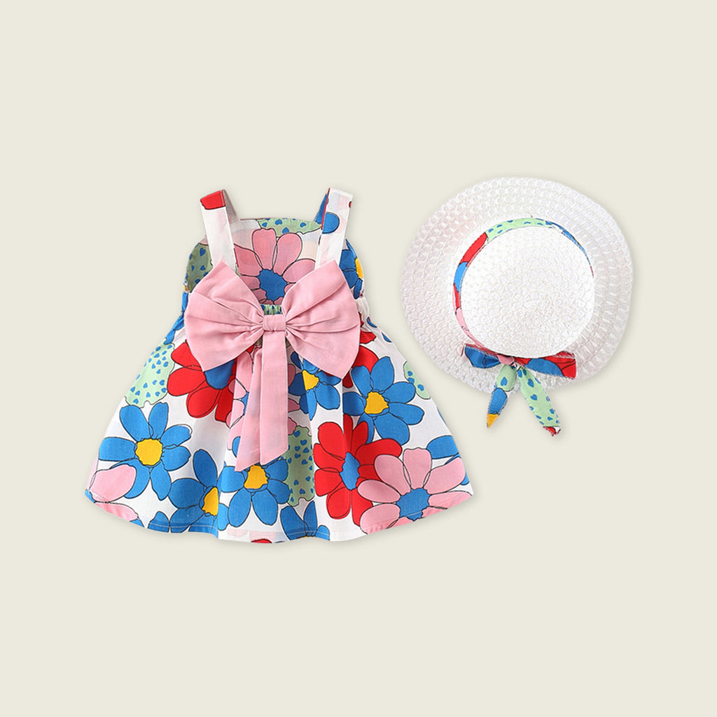 Girls Floral Print Dress with Statement Bow & Hat Casual Dresses Blue 1-2 Y 