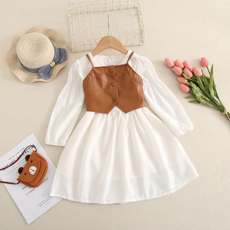 Girls Long Sleeve Dress With Camisole PU Leather Jacket Casual Dresses Apricot 2-3 Y 