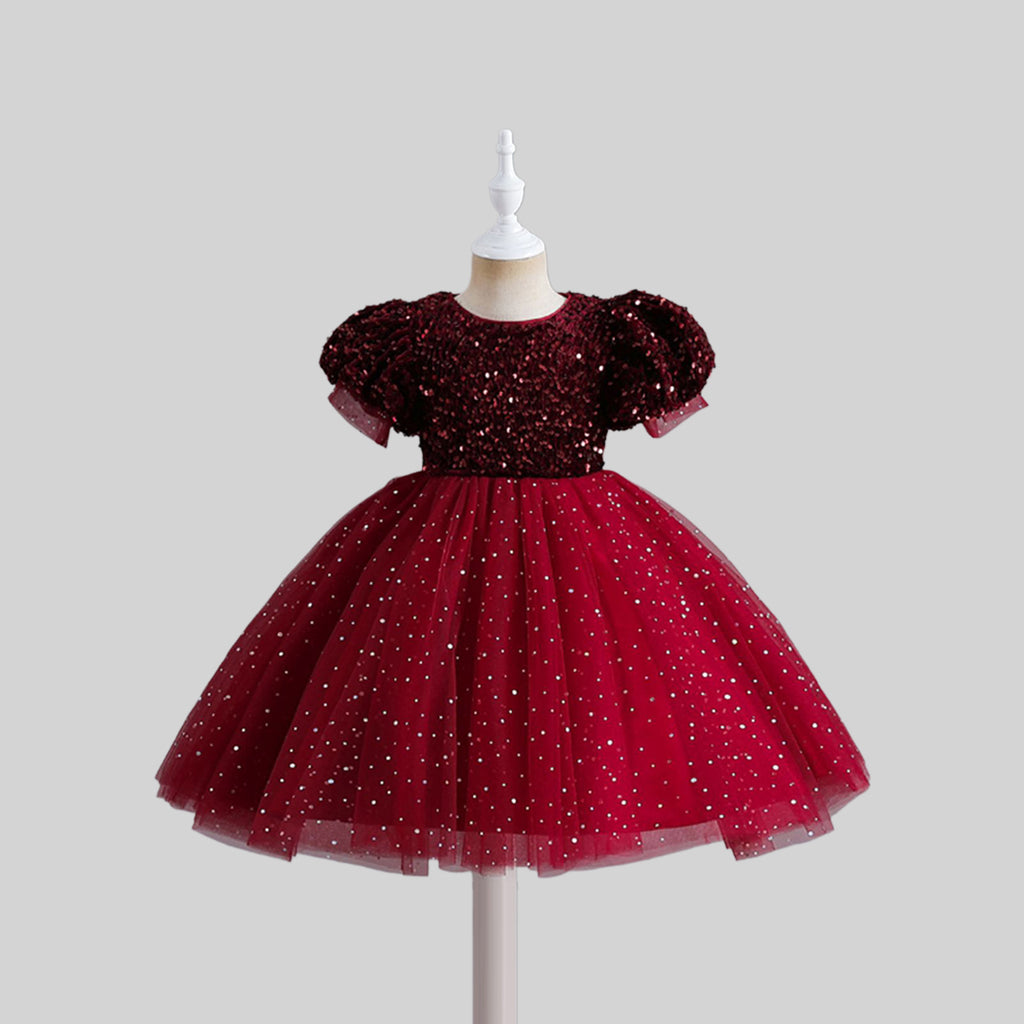 Girls Sequins Embellished Puff Sleeves Party Dress Party Dresses Maroon 2-3 Y 