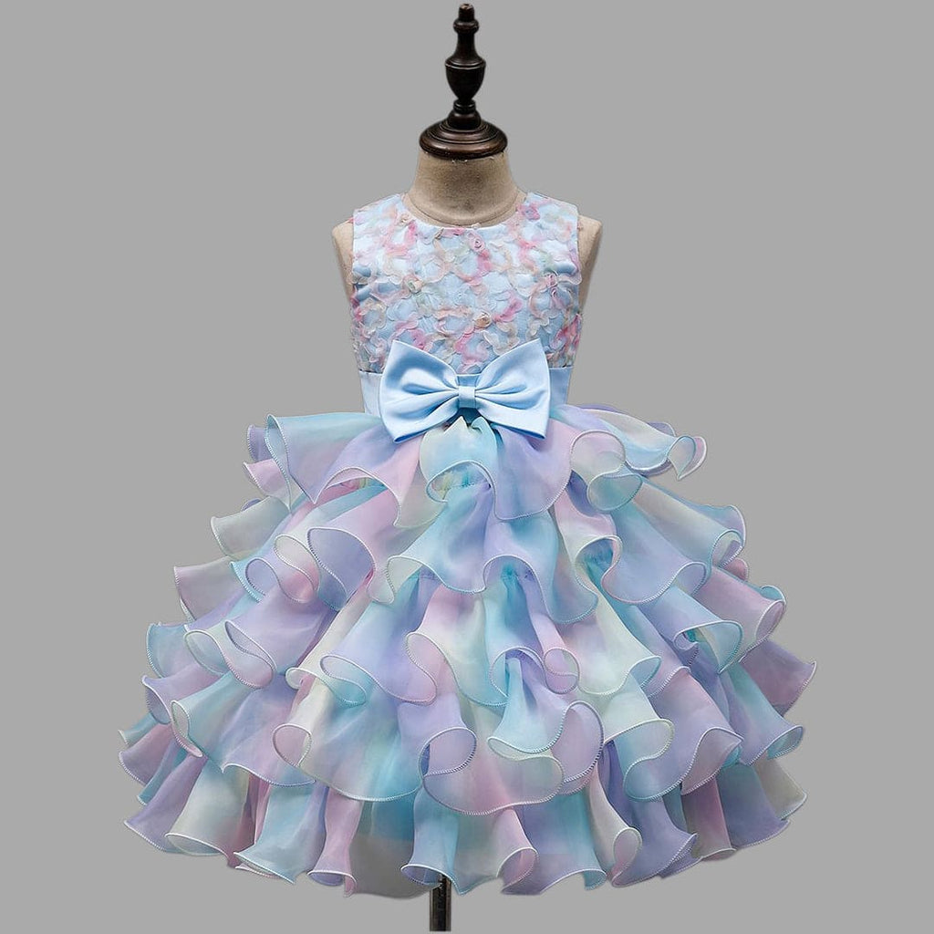 Girls Flower Applique Tiered Party Dress Party Dresses Light Blue 4-5 Y 