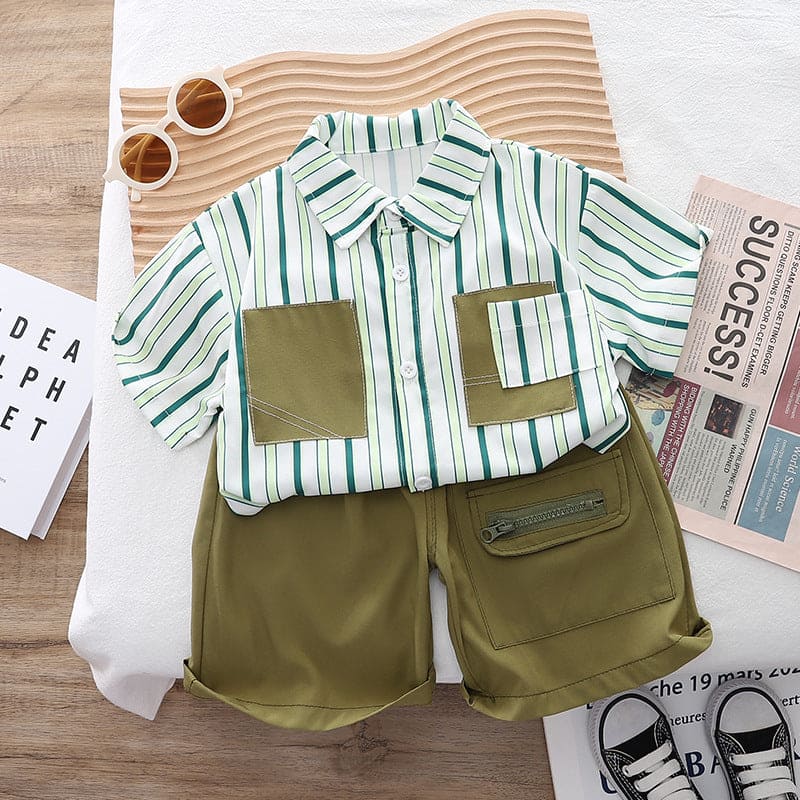 Boys Striped Shirt With Shorts Sets Green 1-2 Y 