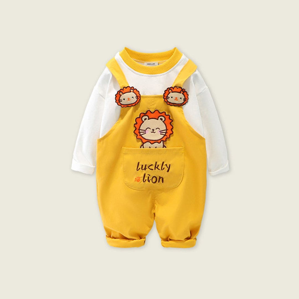 Boys Long Sleeve T-Shirt With Lion Embroidered Long Dungaree Sets Yellow 1-2 Y 