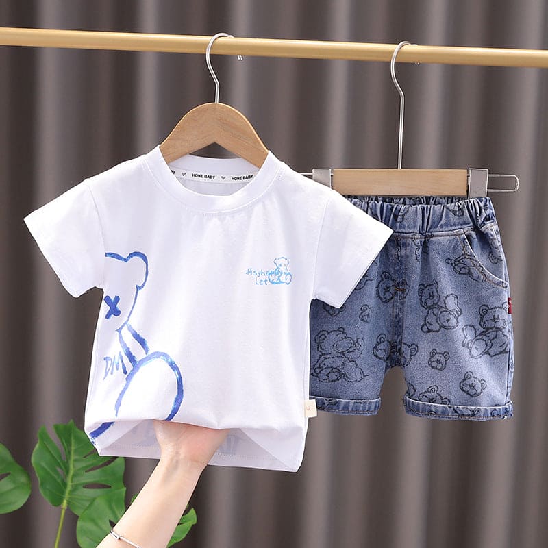 Boys Printed T-shirt with Denim Shorts Set Sets White 1-2 Y 