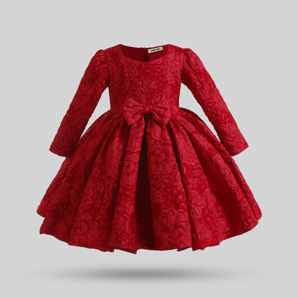 Girls Long Sleeve Embroidered Fit & Flare Party Dress Party Dresses Red 1-2 Y 