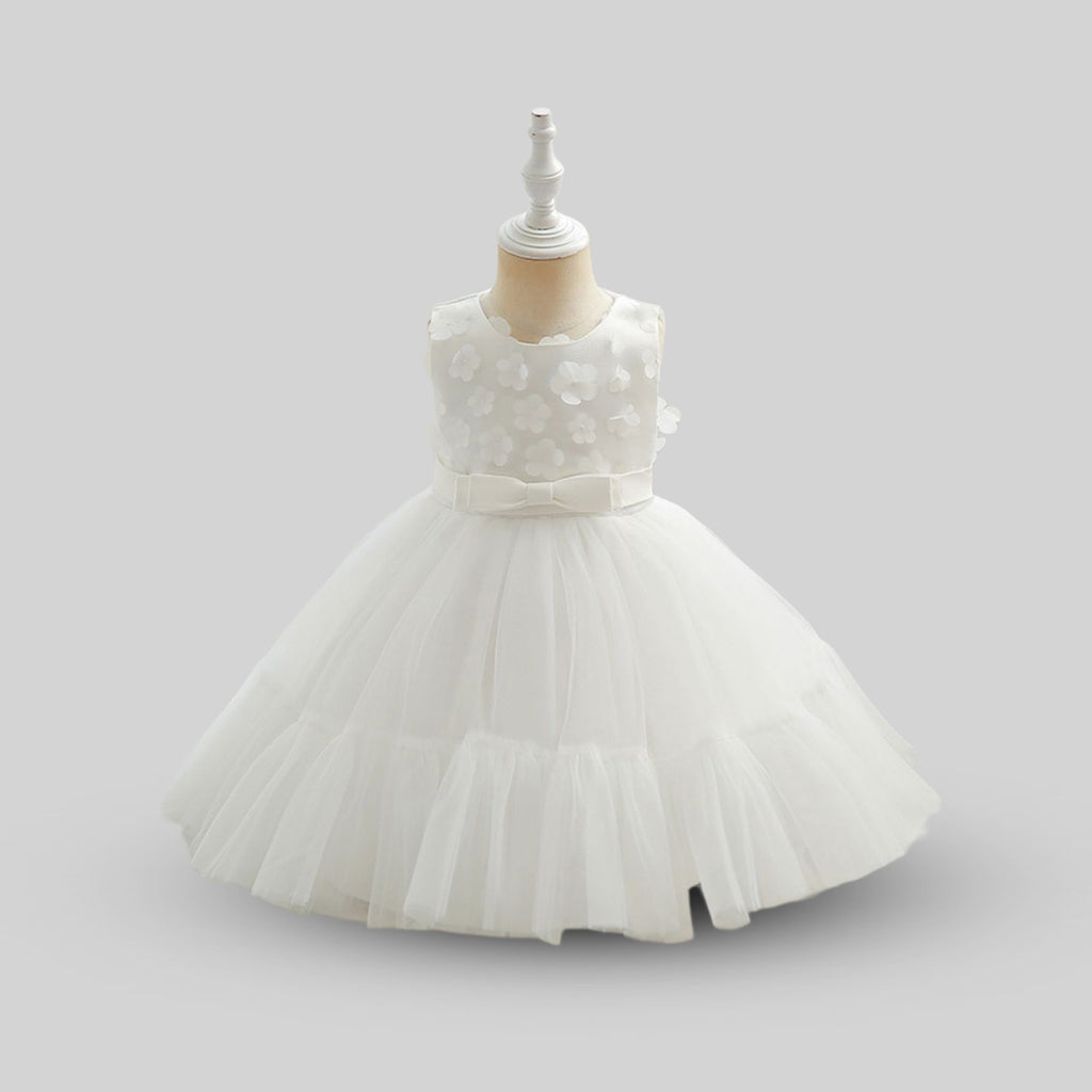 Girls Sleeveless Flower Applique Party Dress Party Dresses White 1-2 Y 