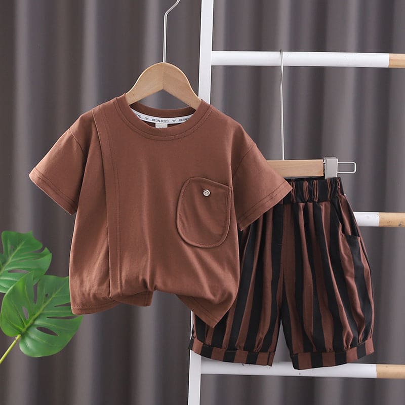 Boys Short Sleeve T-Shirt With Striped Shorts Sets Brown 1-2 Y 