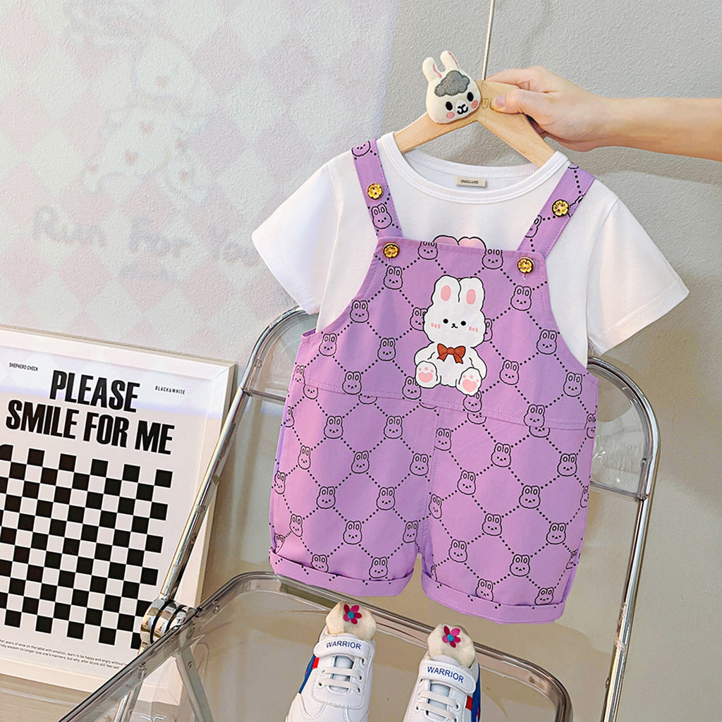 Girls Short Sleeve Graphic T-Shirt With Printed Dungaree Sets Purple 1-2 Y 