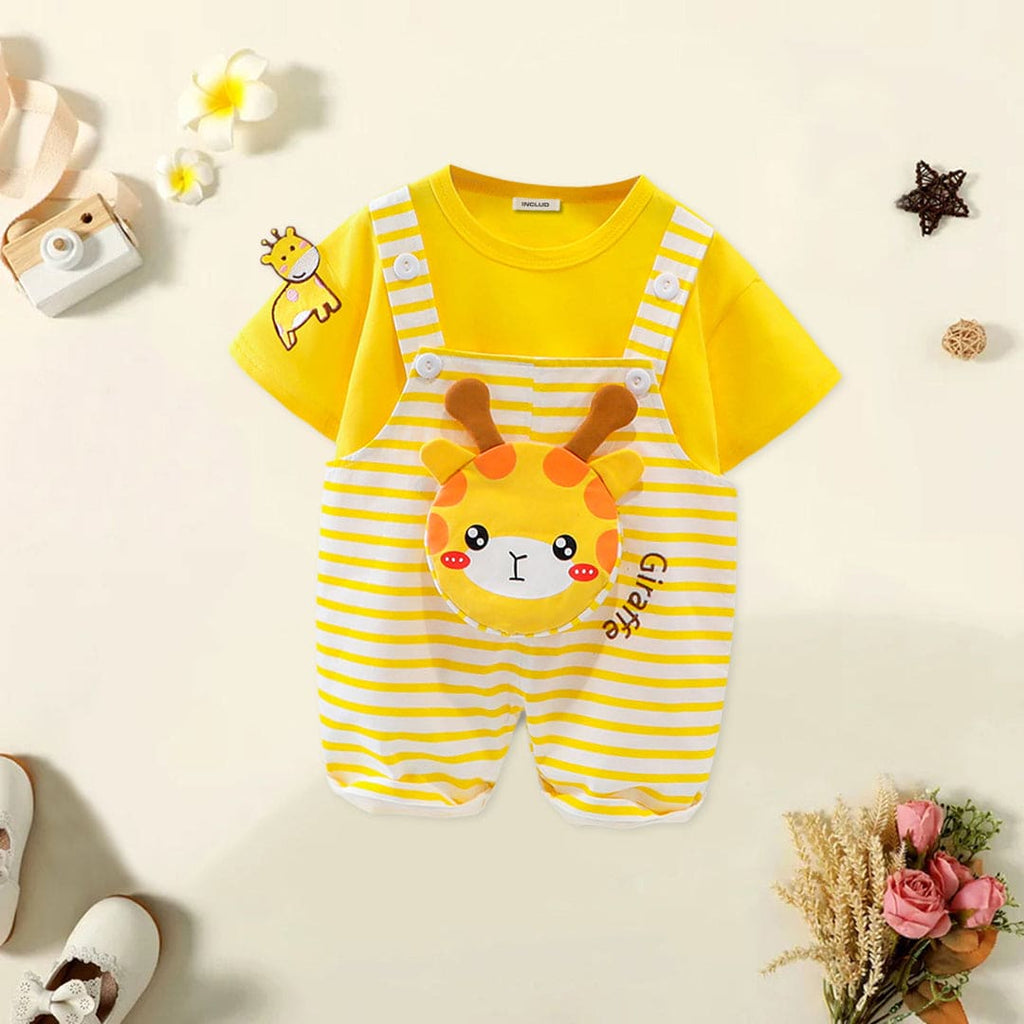 Boys Short Sleeve T-Shirts With Giraffe Applique Dungaree Sets Yellow 1-2 Y 
