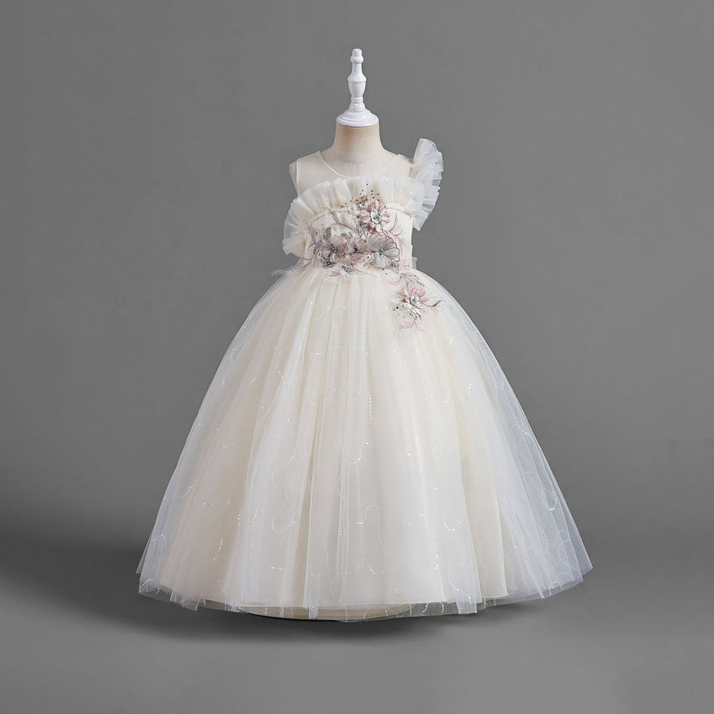 Girls Flower Applique Embellished Party Wear Dress Party Dresses Beige 4-5 Y 