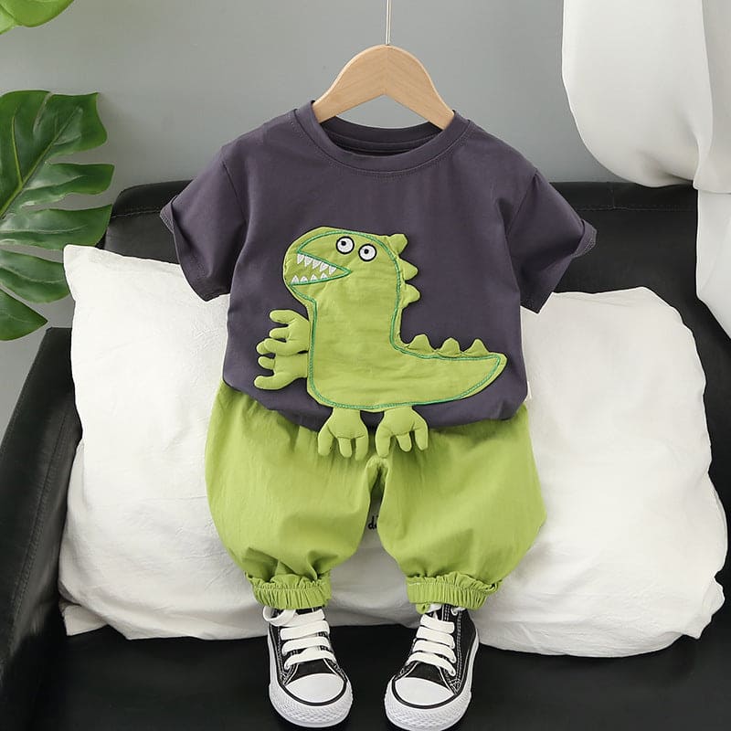 Boys Dinosaur Applique Embroidered T-Shirt & Pants Sets Black 1-2 Y 