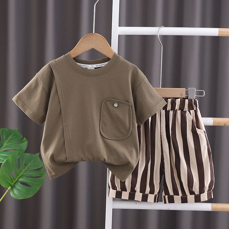 Boys Short Sleeve T-Shirt With Striped Shorts Sets Olive 1-2 Y