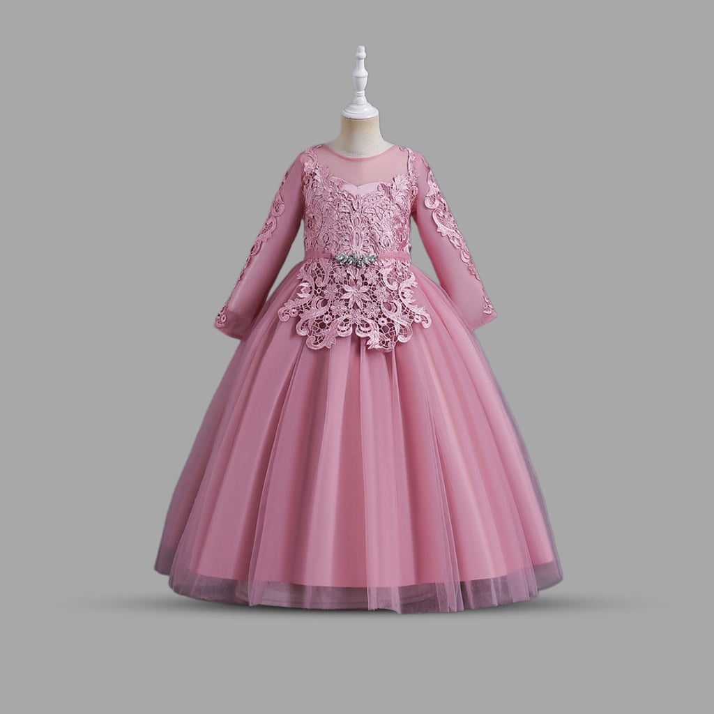 Girls Lacework Full Sleeves Tulle Party Gown Party Dresses Light Pink 6-7 Y 