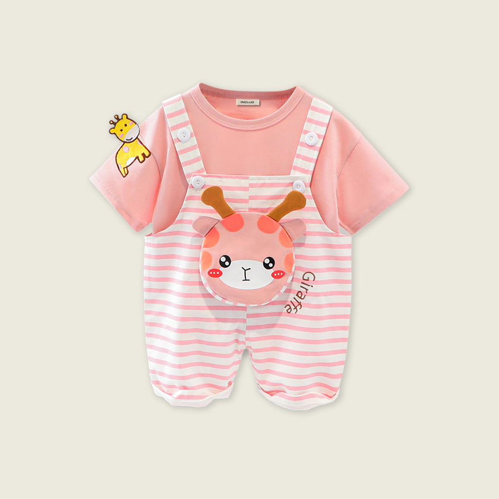 Boys Short Sleeve T-Shirts With Giraffe Applique Dungaree Sets Pink 1-2 Y 