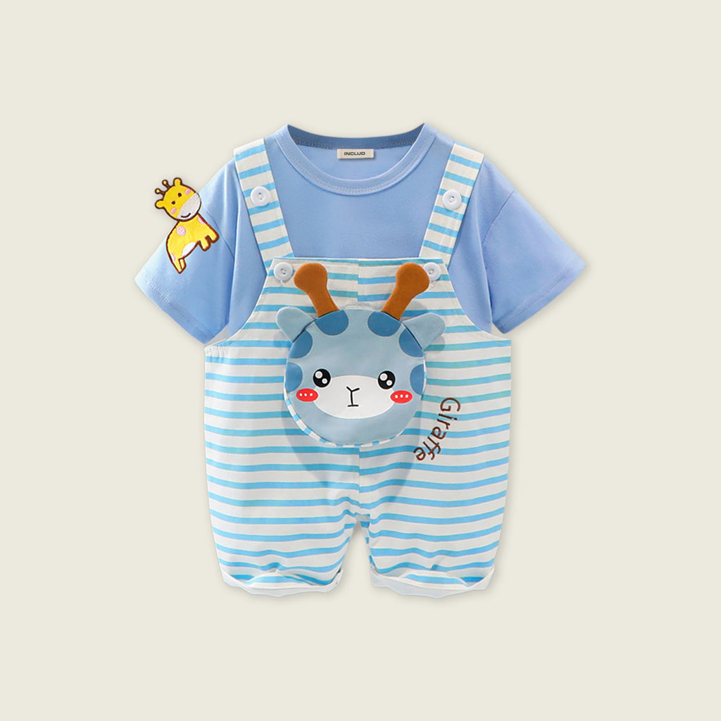 Boys Short Sleeve T-Shirts With Giraffe Applique Dungaree Sets Light Blue 1-2 Y 