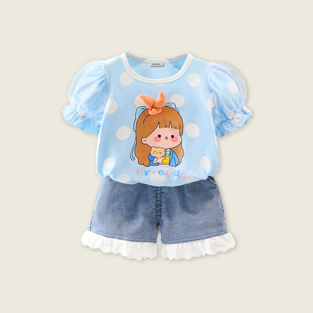 Girls Polka Dot Print Graphic Top With Denim Shorts Sets Light Blue 1-2 Y 