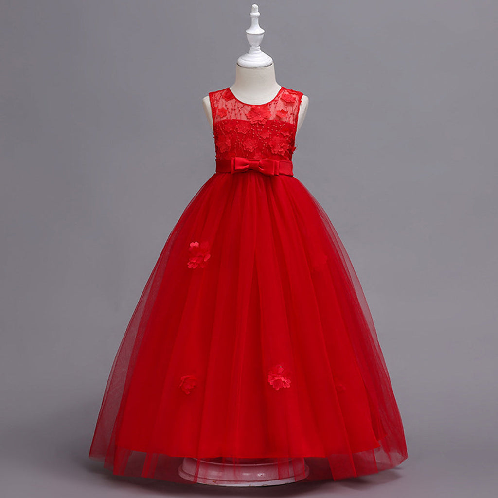 Girls Floral Applique Tulle Party Gown Casual Dresses Red 5-6 Y 