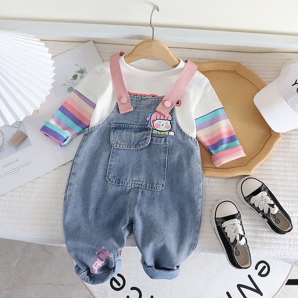 Girls Printed T-shirt with Denim Dungaree Set Sets Pink 1-2 Y 