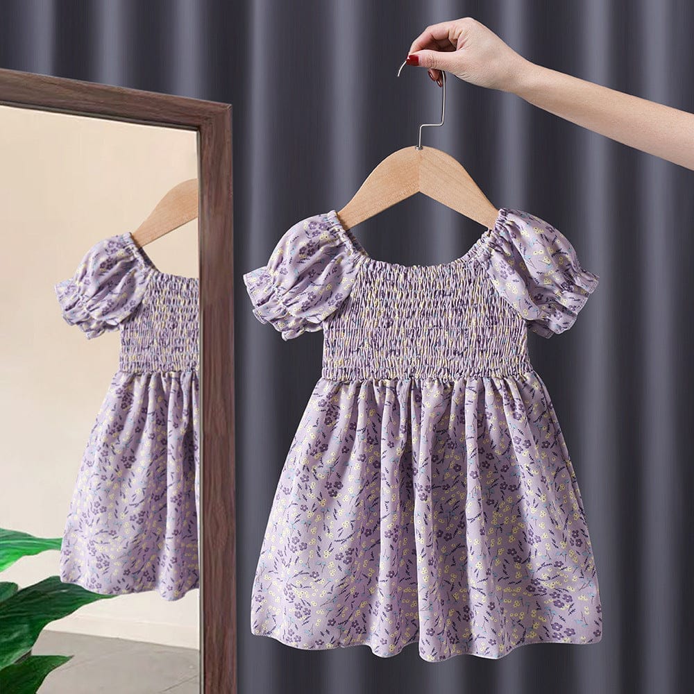 Girls Floral Printed Casual Dress with Smocking Casual Dresses Purple 1-2 Y