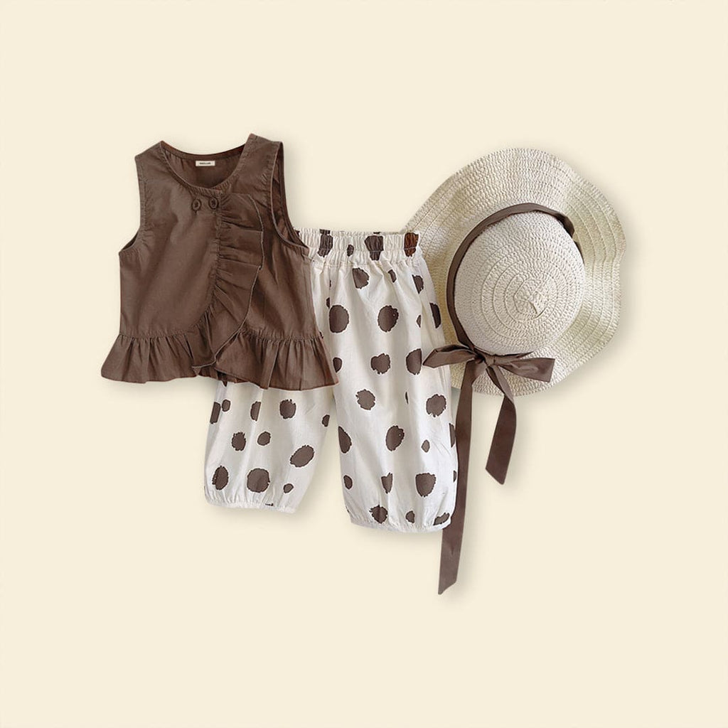 Girls Sleeveless Top With Printed Pants Sets Brown 1-2 Y 