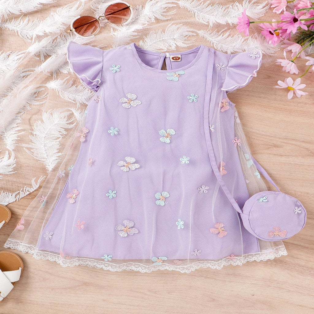 Girls Short Sleeve Embroidered Dress Casual Dresses Purple 4-5 Y 