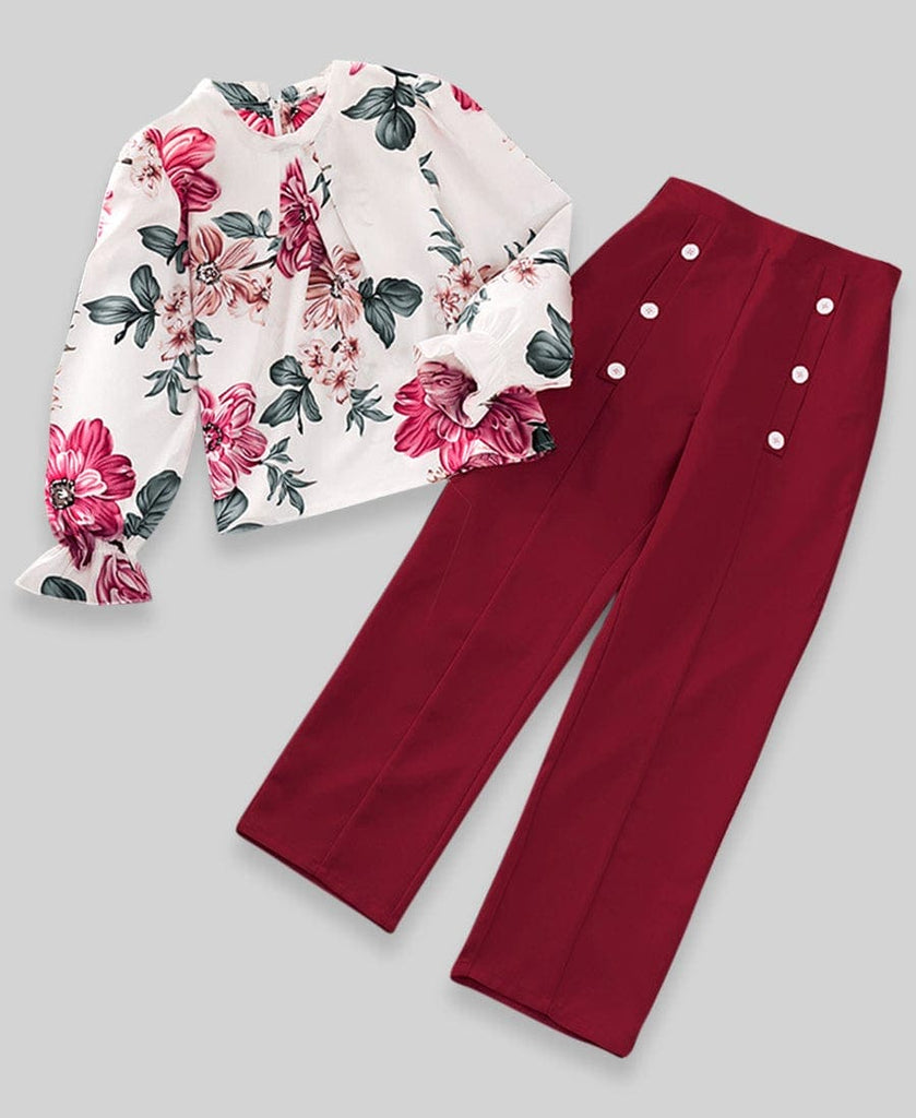 Girls Floral Top with Pant Set Sets Cherry 7-8 Y 