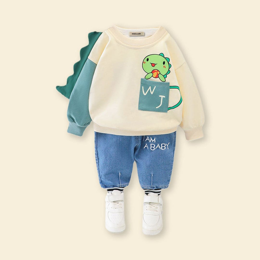 Boys Printed Sweatshirt with Denim Joggers Set Winterwear Sets Off White 2-3 Y 