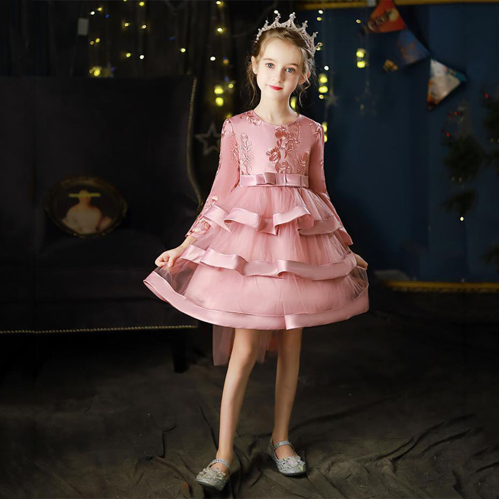 Girls Embroidered Full Sleeves Tiered Dress Casual Dresses Pink 4-5 Y 
