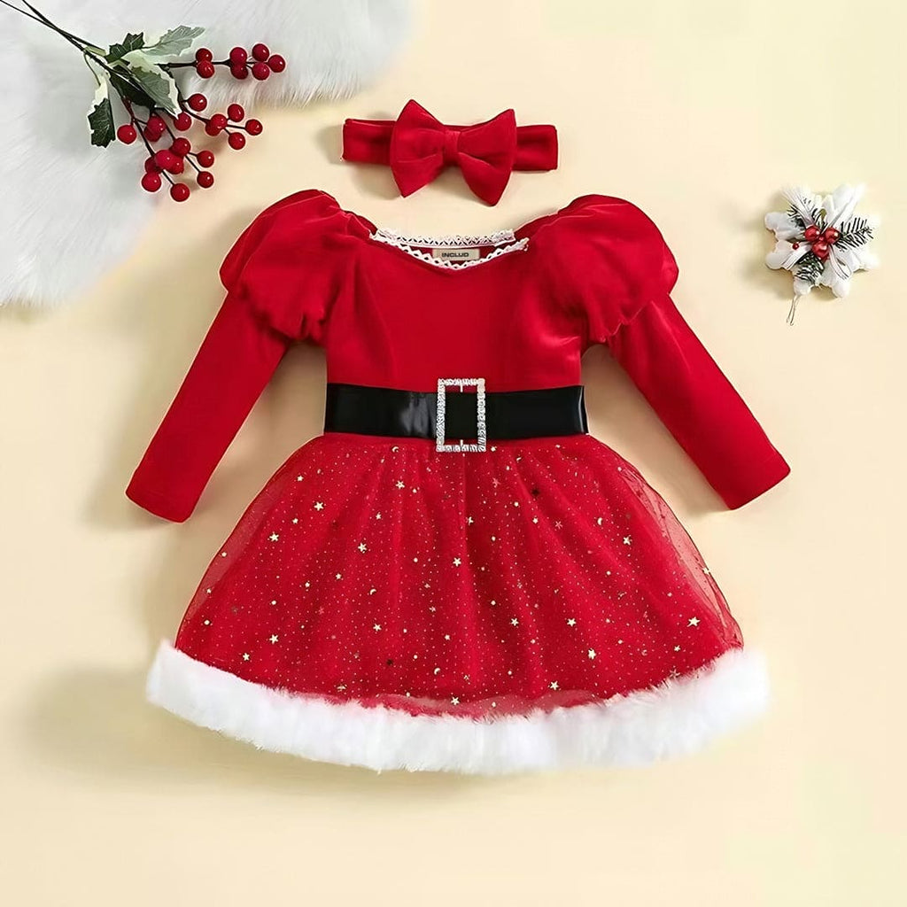 Girls Santa Inspired Fit & Flare Embellished Dress Casual Dresses Red 1-2 Y 