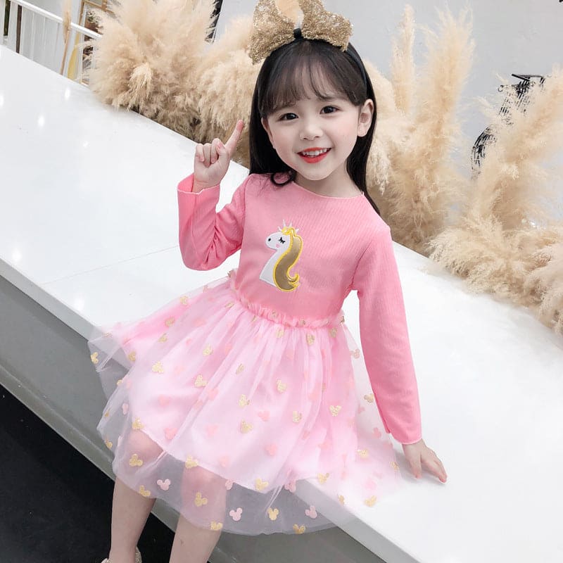 Girls Unicorn Print Full Sleeves Tulle Overlay Dress Casual Dresses Pink 1-2 Y 