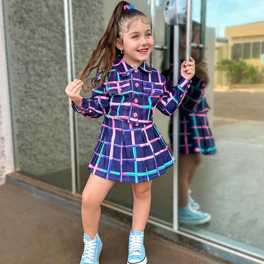 Girls Long Sleeve Short Length Plaid Shirt With Skirt Sets Blue 1-2 Y 