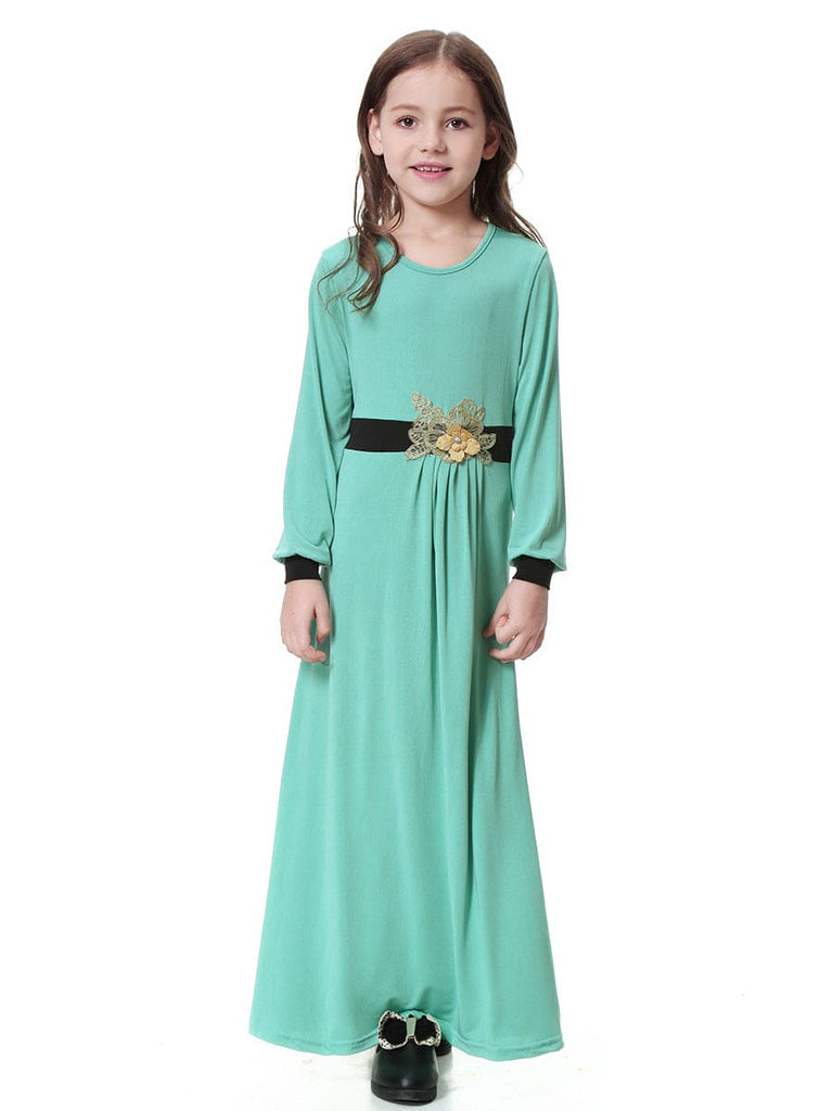 Girls Long Sleeve Flower Applique Party Dress Party Dresses Light Green 4-5 Y 