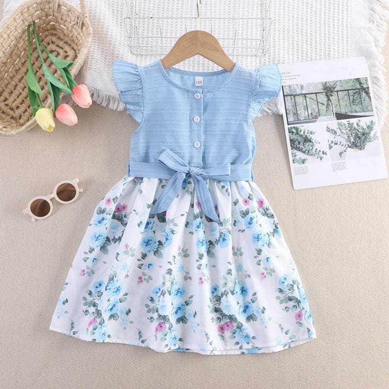 Girls Printed Tie Knot Dress Casual Dresses Sky Blue 2-3 Y 