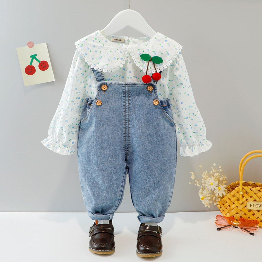 Girls Printed Top with Dungaree Set Sets Blue 1-2 Y