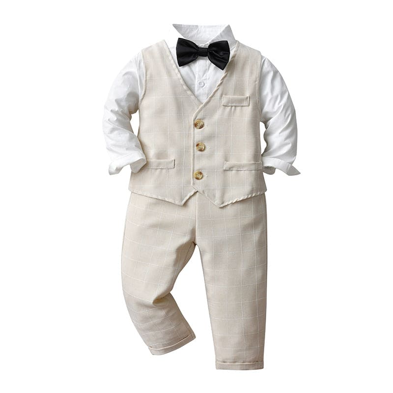 Boys Shirt with Checkered Trousers & Waistcoat 3pc. Suit Set 3 pc. Sets Khaki 1-2 Y 