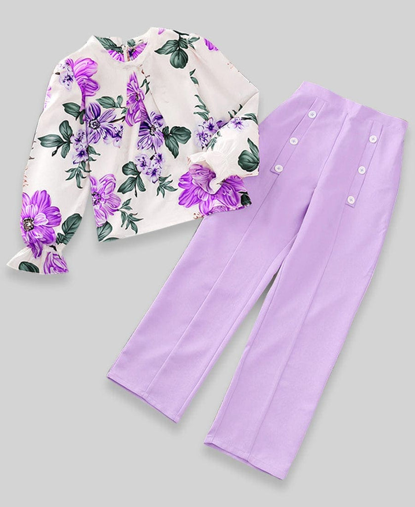 Girls Floral Top with Pant Set Sets Purple 7-8 Y 