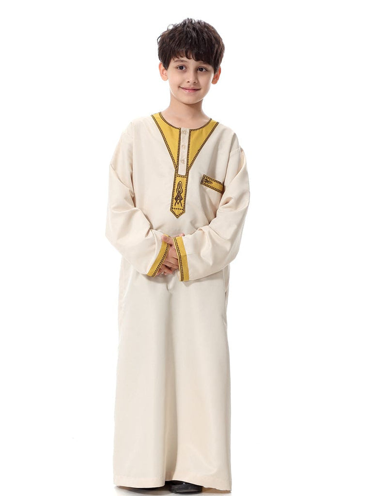 Boys Embroidered Neck Long Sleeve Robe Sets Beige 4-5 Y 