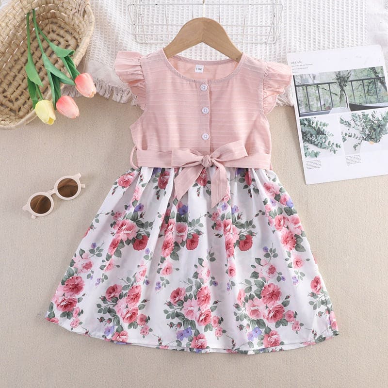 Girls Printed Tie Knot Dress Casual Dresses Pink 2-3 Y 
