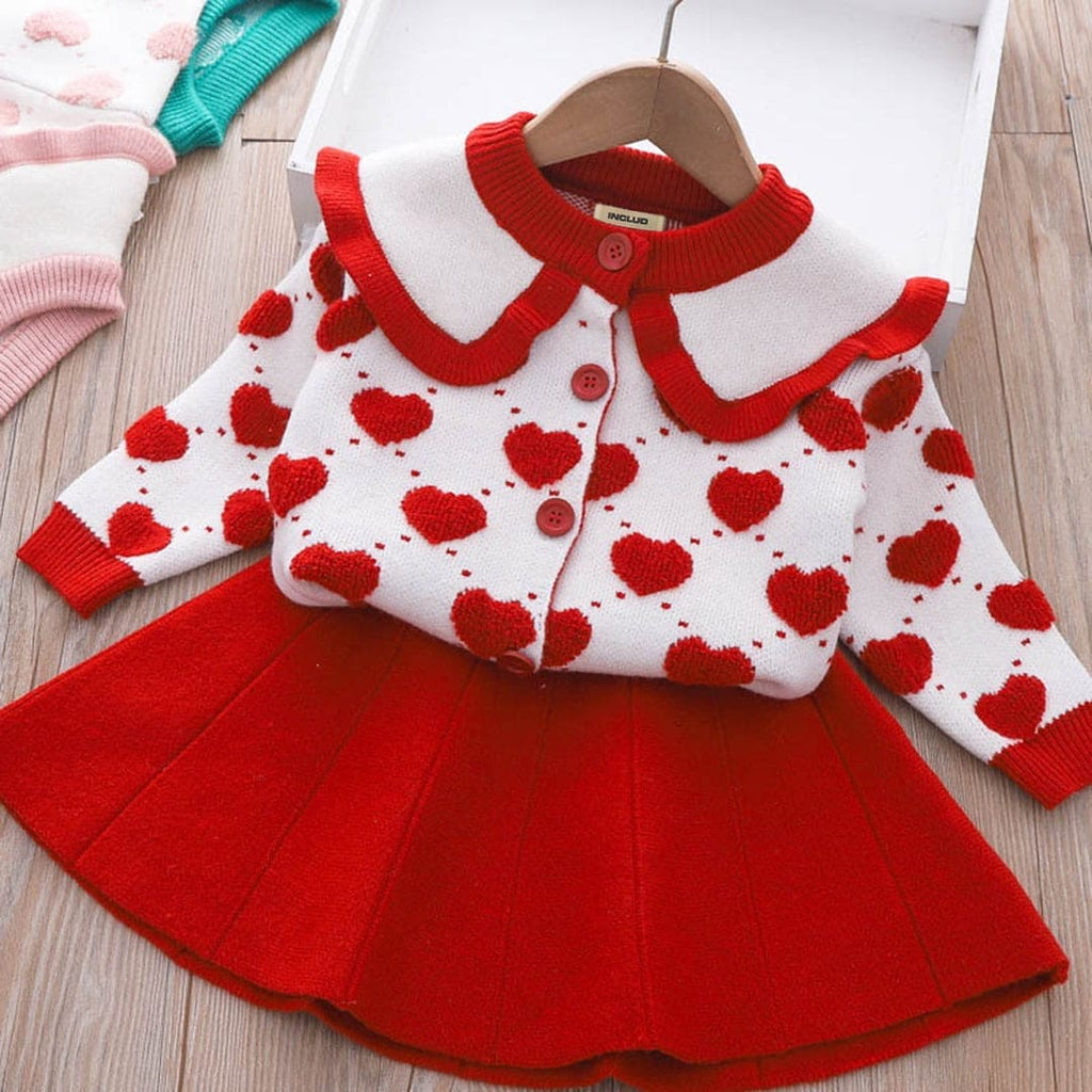 Girls Heart Embroidered Cardigan with Skirt Set Sets Red 1-2 Y 