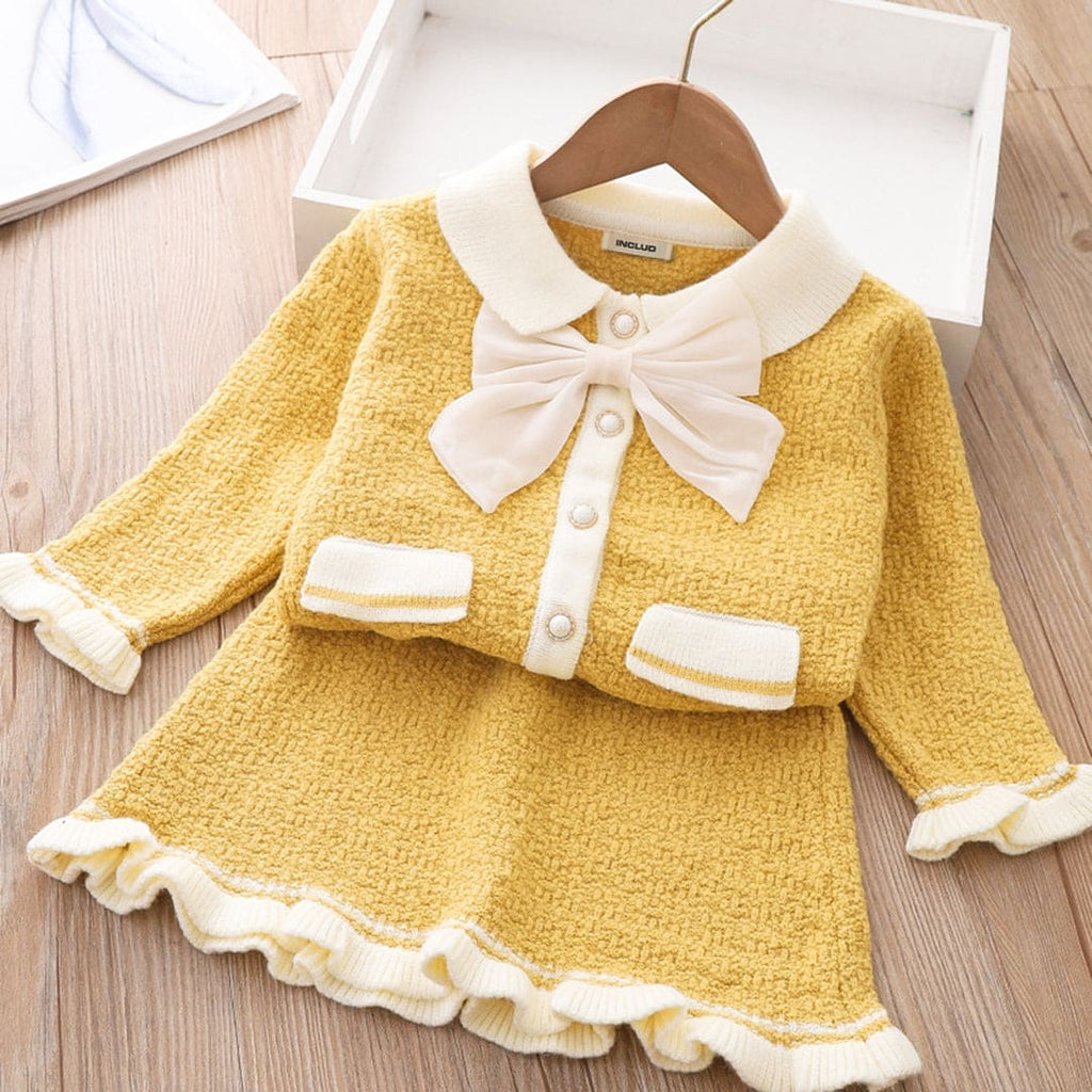 Girls Woolen Cardigan with Skirt Set Sets Yellow 1-2 Y 