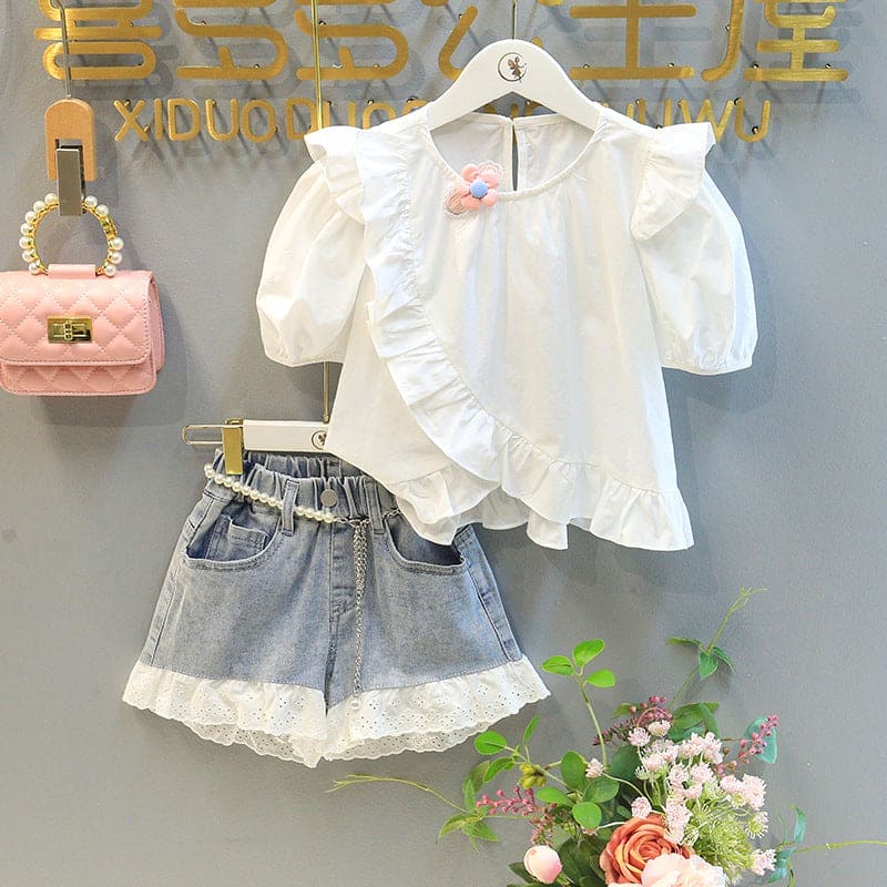 Girls Top with Denim Shorts Set Sets White 2-3 Y 