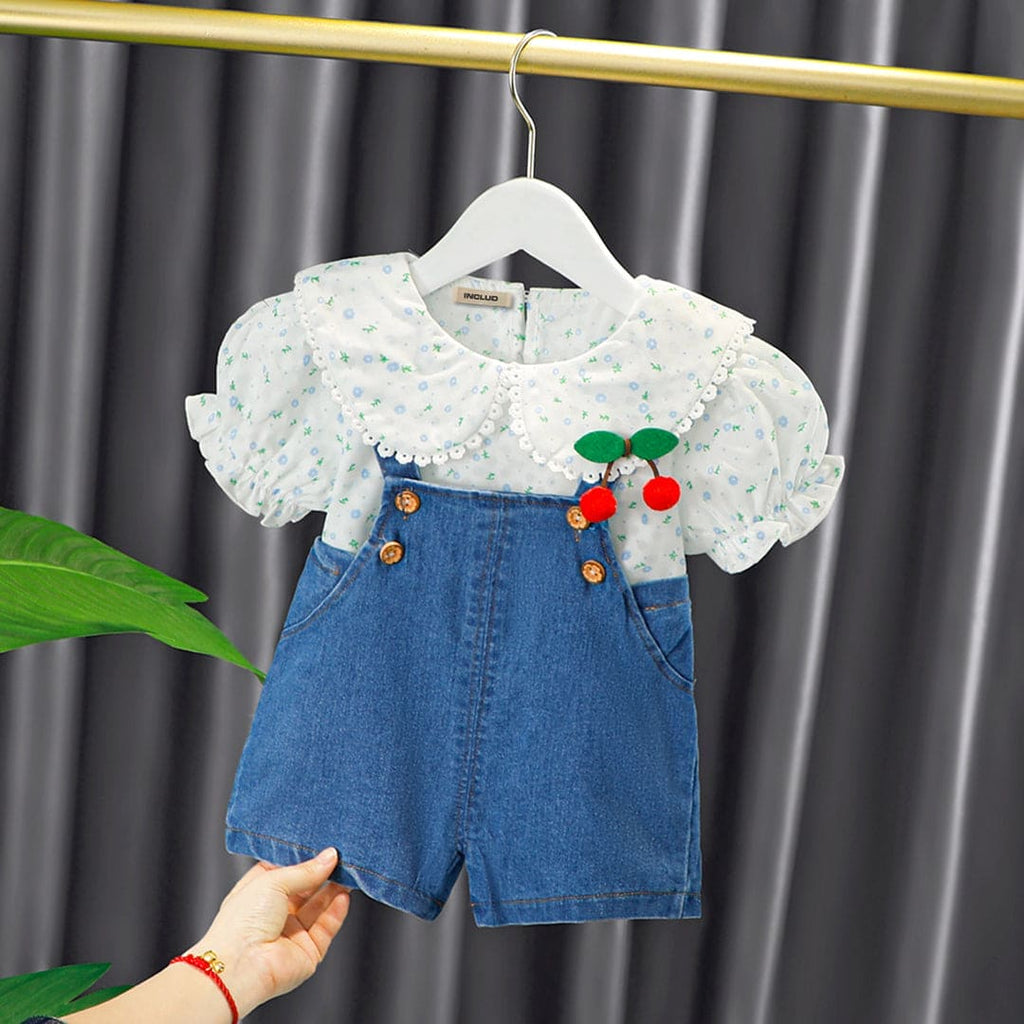 Girls Printed Top with Dungaree Set Sets Blue 1-2 Y 