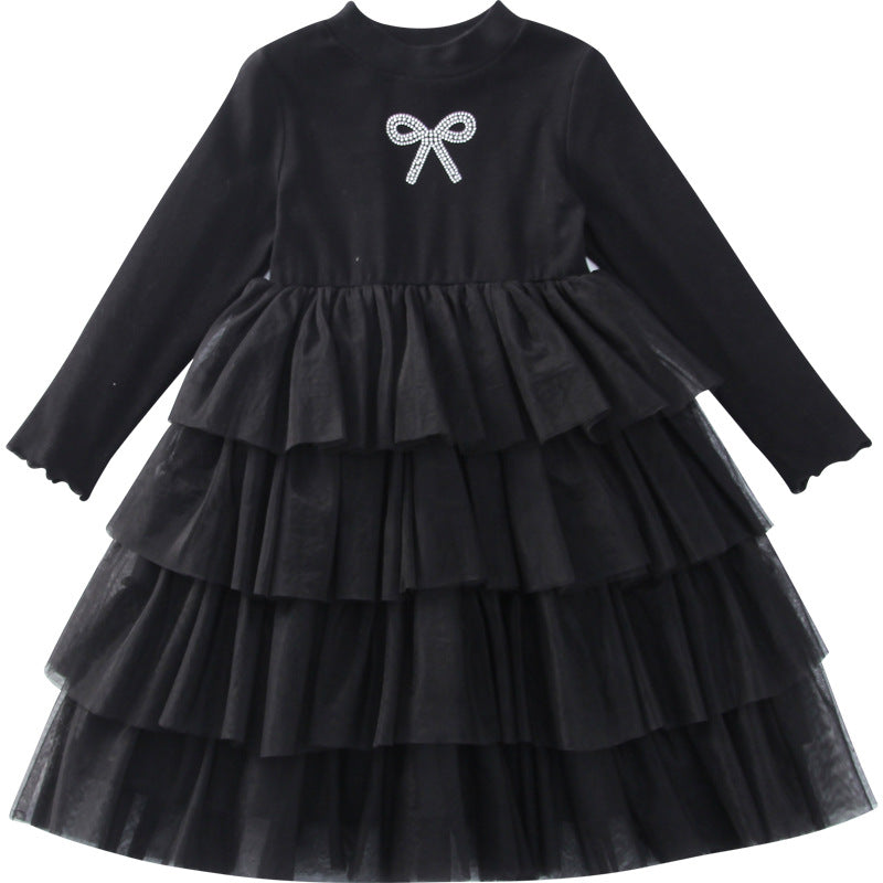 Girls Long Sleeve Fit & Flare Dress With Bow Casual Dresses Black 2-3 Y 