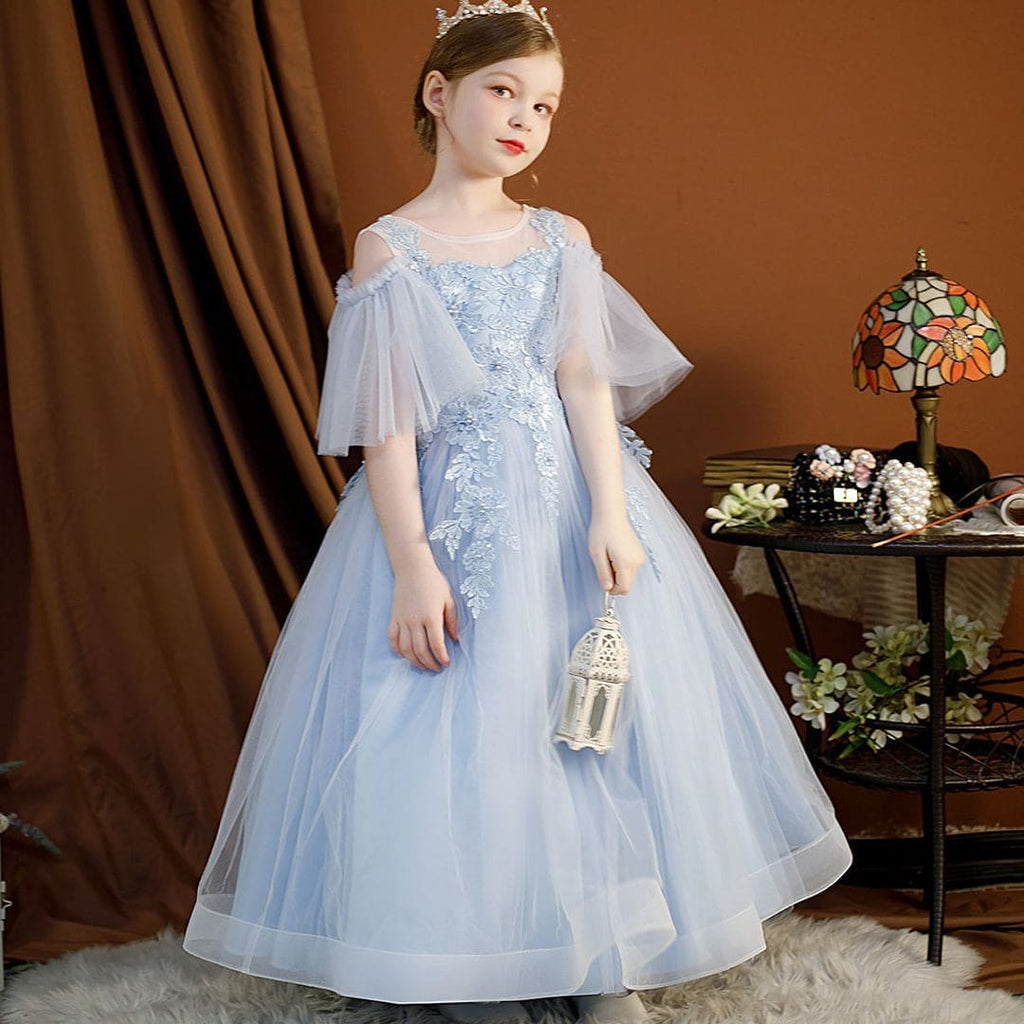 Girls Lace Off Shoulder Tulle Gown Casual Dresses Blue 5-6 Y 