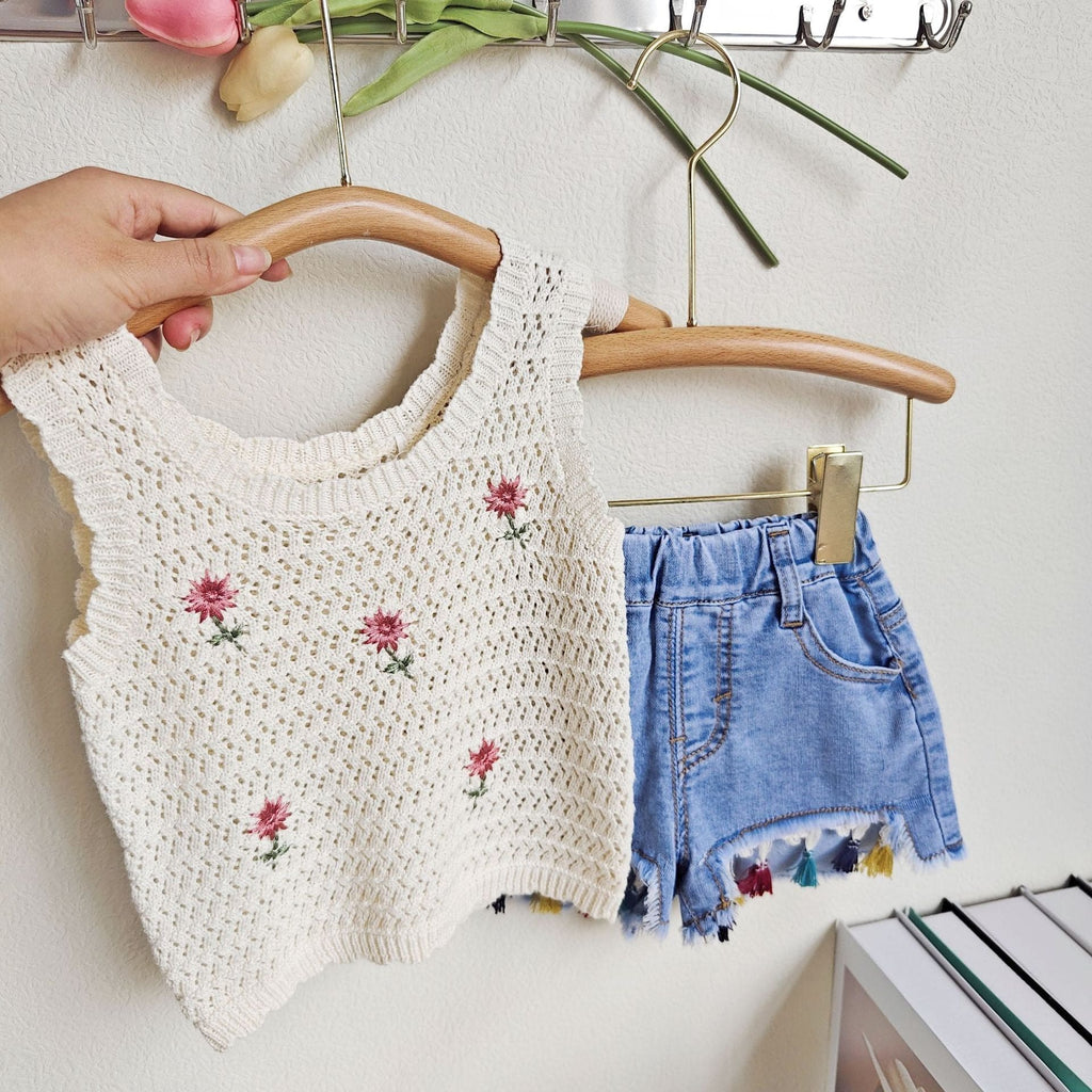 Girls Sleeveless Knitted Top With Denim Shorts Sets White 2-3 Y 
