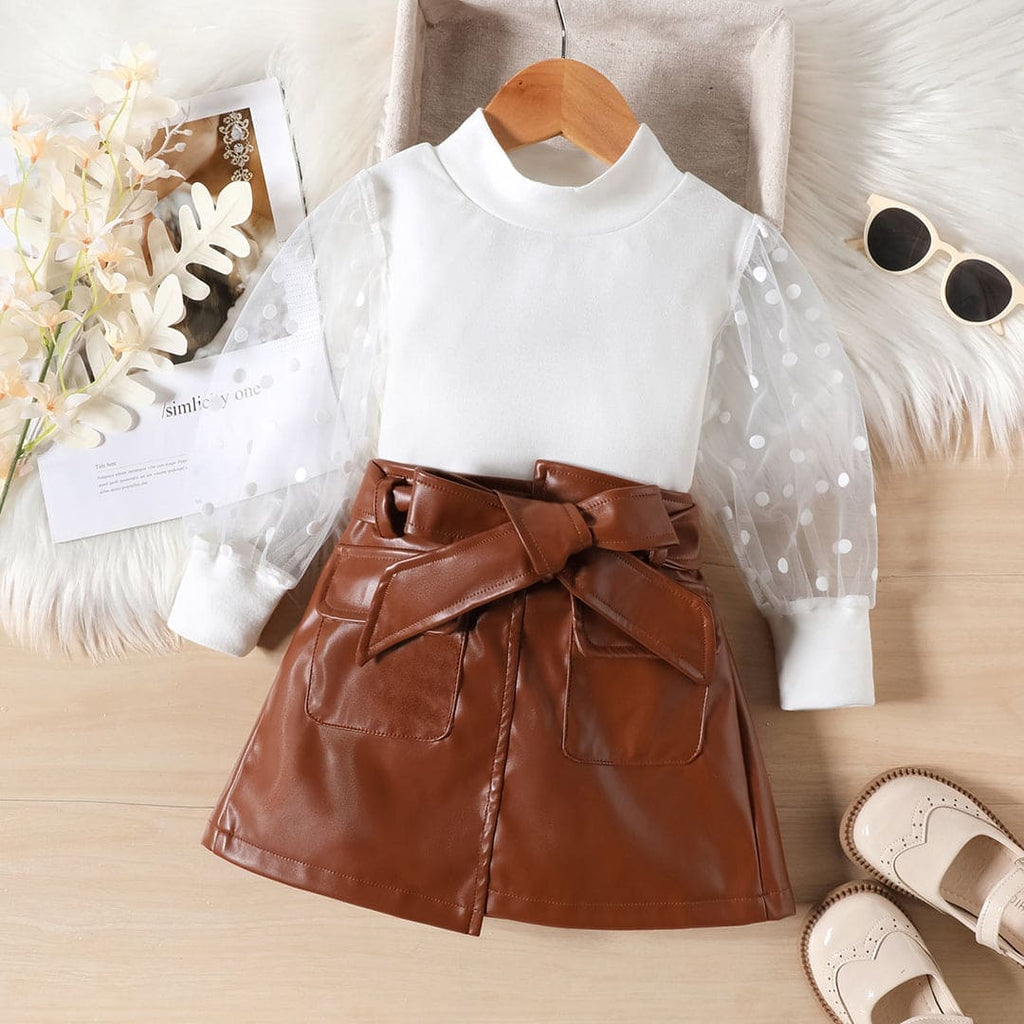 Girls Full Sleeves Top with Faux Leather Skirt Set Sets Brown 1-2 Y 