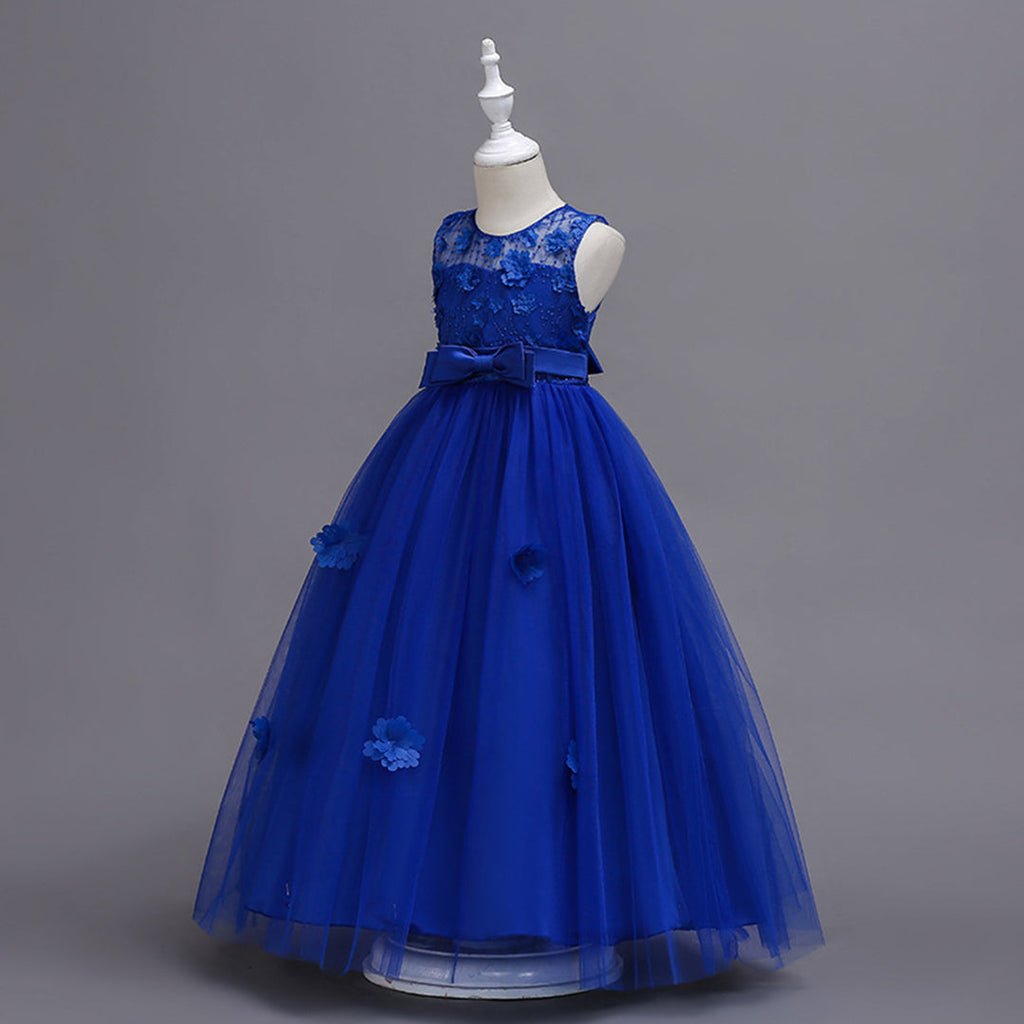Girls Floral Applique Tulle Party Gown Casual Dresses Blue 5-6 Y 