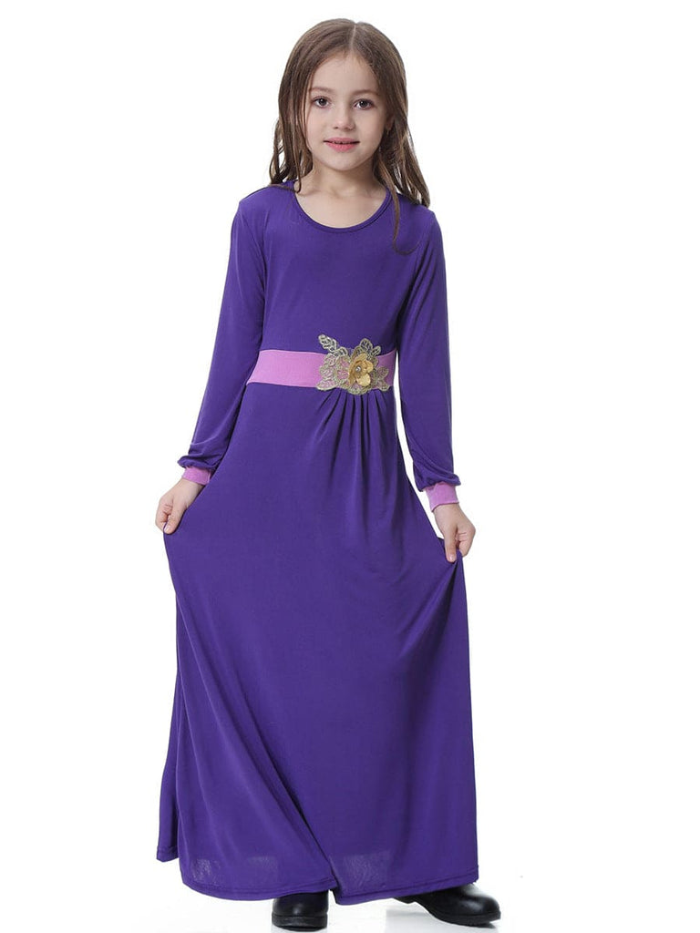 Girls Long Sleeve Flower Applique Party Dress Party Dresses Purple 4-5 Y 
